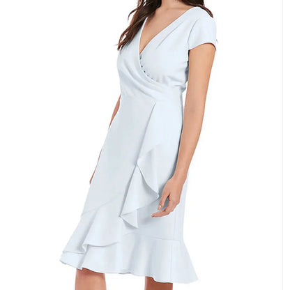 London Times light blue short-sleeved wrap dress with ruffled hem for casual or office wear