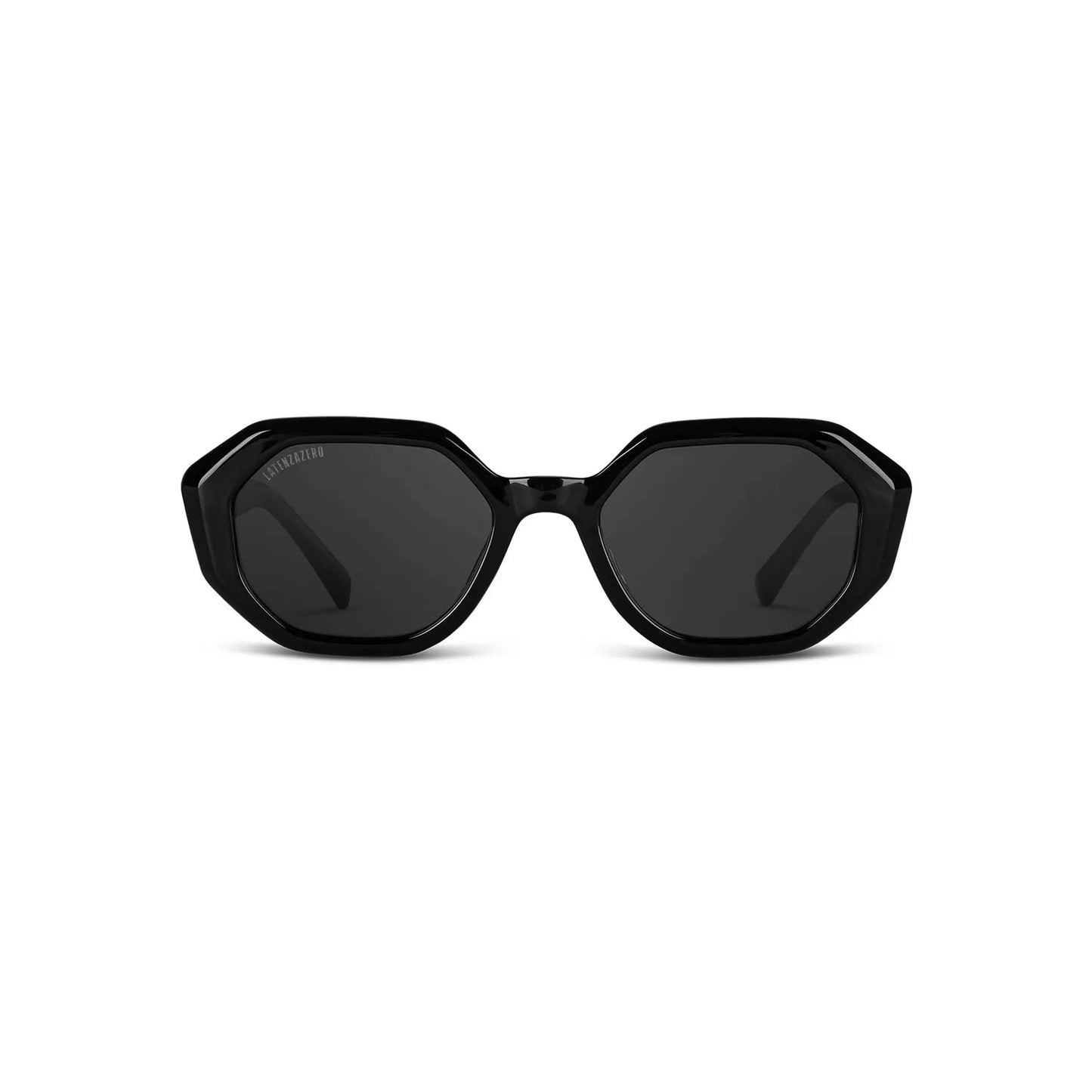 Black hexagonal-shaped sunglasses with dark lenses from LatenzaZero Veritas_X242 collection