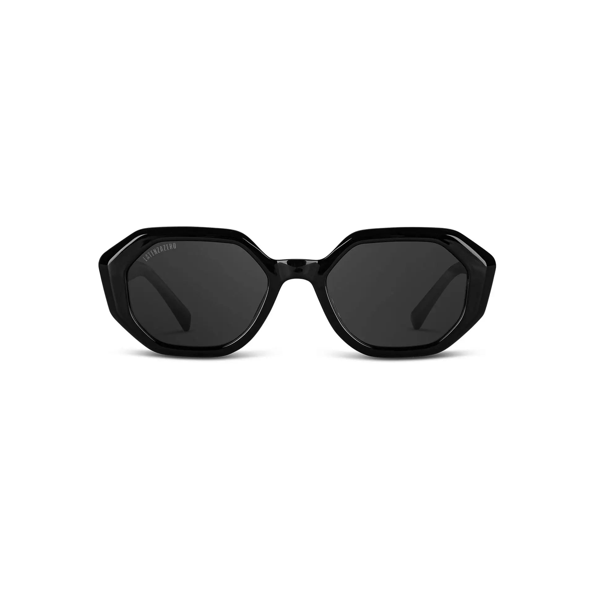 Black hexagonal-shaped sunglasses with dark lenses from LatenzaZero Veritas_X242 collection