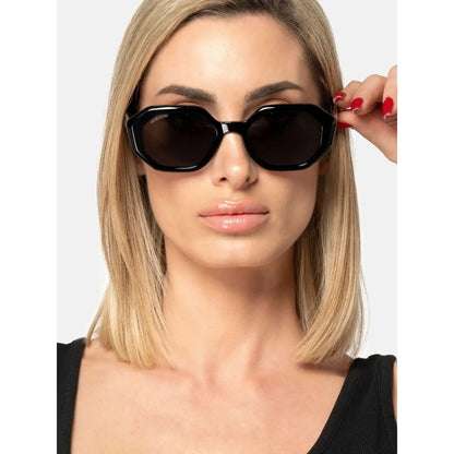 Woman with blonde hair wearing black octagonal UV3 Veritas_X242 Sunglasses and black top