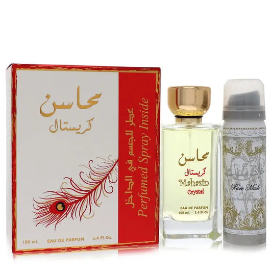 Lattafa Mahasin Crystal perfume set with Eau de Parfum and Musk spray, 3.4 oz