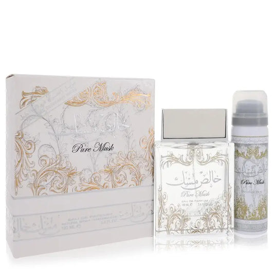 Luxurious Lattafa Pure Khalis Musk fragrance gift set with perfume, aerosol, and elegant box