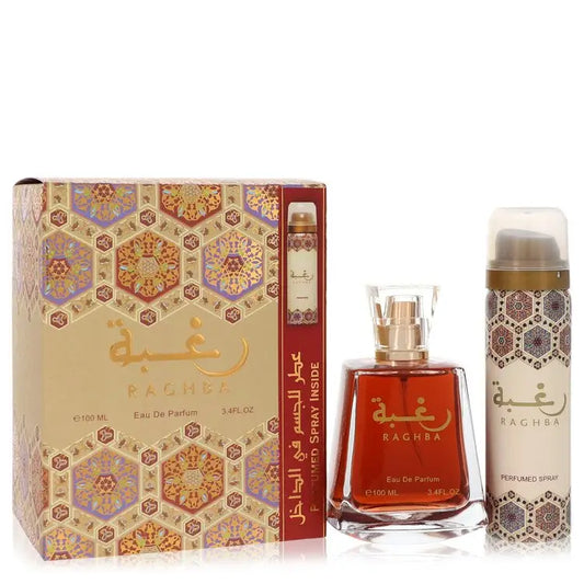 Lattafa Raghba gift set with perfume bottle, spray, and deodorant in gold and red design