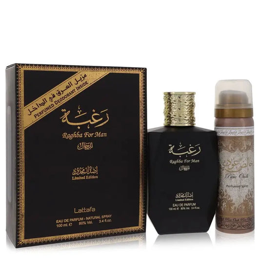 Black and gold Lattafa Raghba Man fragrance gift set with Eau De Parfum and deodorant
