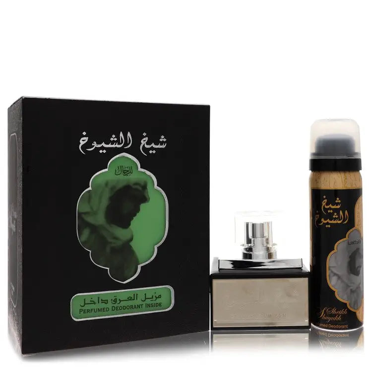 Black Lattfa Sheikh Al Shuyukh gift set with Eau De Parfum and deodorant spray