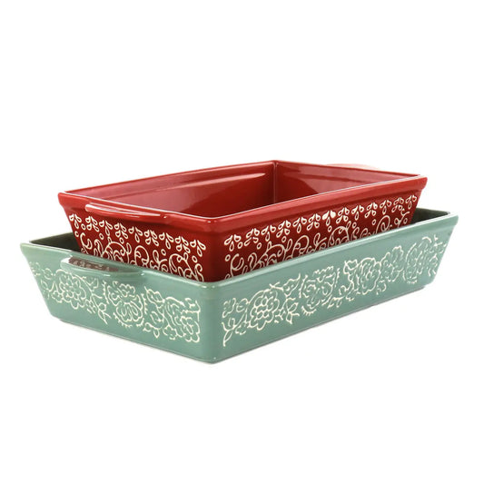 Laurie Gates 2 Piece Tierra Wax Relief Stoneware Baker Set in Red and Mint - Bakeware