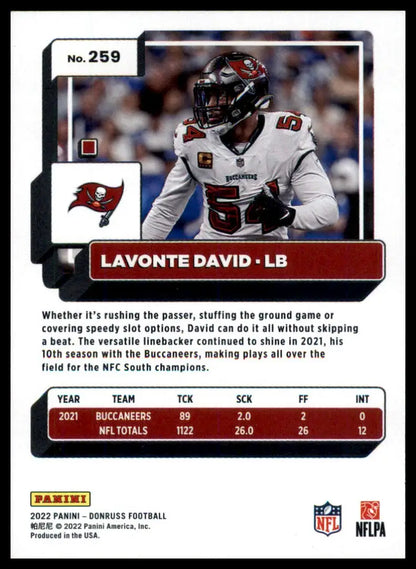Lavonte David football card from 2022 Donruss Tampa Bay Buccaneers collection