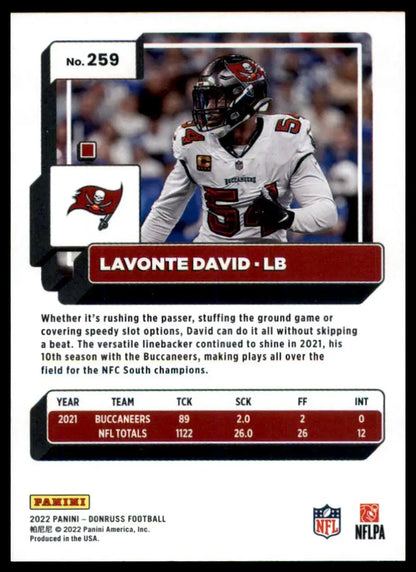Lavonte David football card from 2022 Donruss series for Tampa Bay Buccaneers