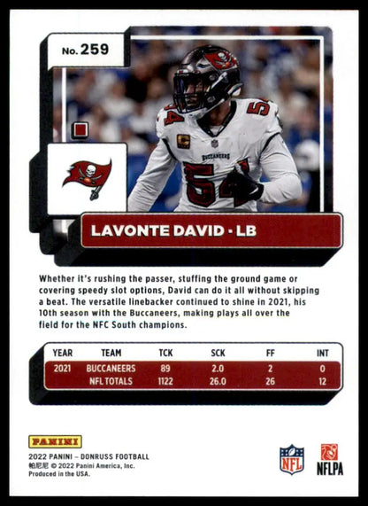Lavonte David football card 2022 Donruss Tampa Bay Buccaneers product display