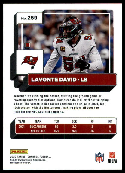 Lavonte David football card from 2022 Donruss Tampa Bay Buccaneers series