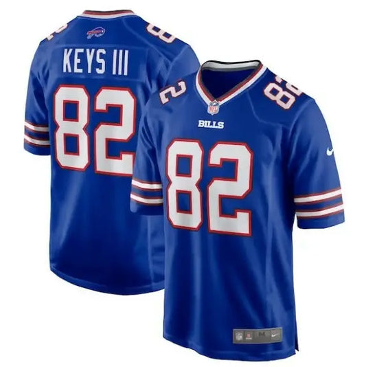 Royal blue Buffalo Bills jerseys featuring Keys III number 82 front and back display