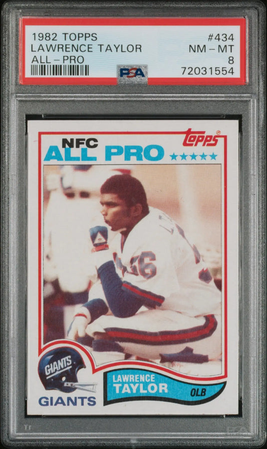 Lawrence Taylor 1982 Topps football card graded NM-MT 8, all-pro collectible item