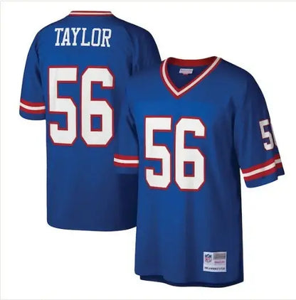 Blue football jersey with white numbers and red stripes, Lawrence Taylor New York Giants legacy replica jersey