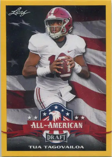 Football player in white uniform holding football with All-American Draft logo for Leaf Draft Football 2020 All-American Gold Base Card 62 Tua Tagovailoa
