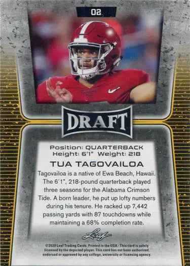 Football trading card of quarterback Tua Tagovailoa in red uniform and white helmet