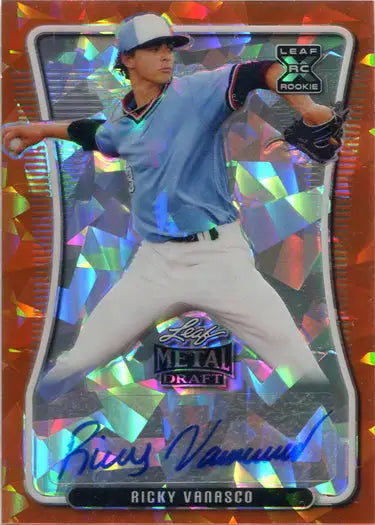 Holographic mojo orange baseball card of Ricky Vanasco in mid-throw action