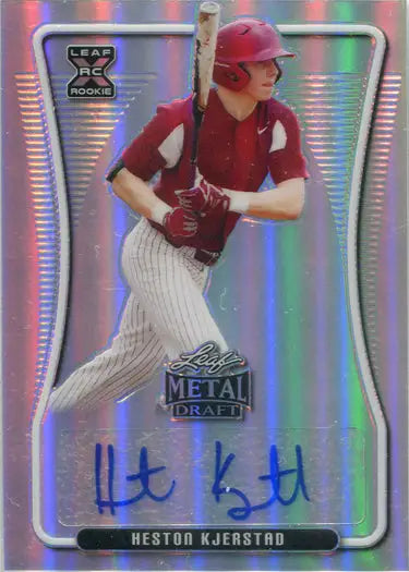 Baseball trading card of Heston Kjerstad in red uniform, refractor autograph card