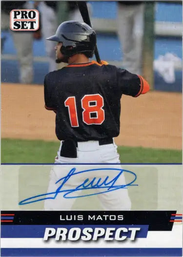 Baseball trading card of Luis Matos in black jersey 18 with autograph on Leaf Pro Set