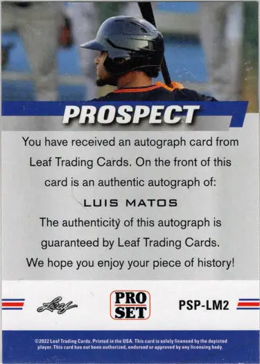 Autographed Luis Matos Baseball Card with Leaf Trading Cards authentication message