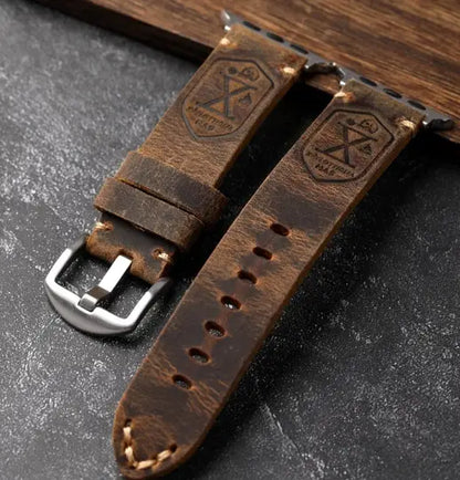 Distressed brown leather Apple Watch Ultra band with stainless steel buckle
