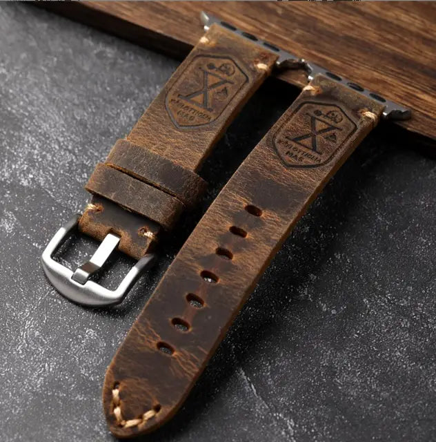 Distressed brown leather Apple Watch Ultra band with stainless steel buckle for Apple Watch Series