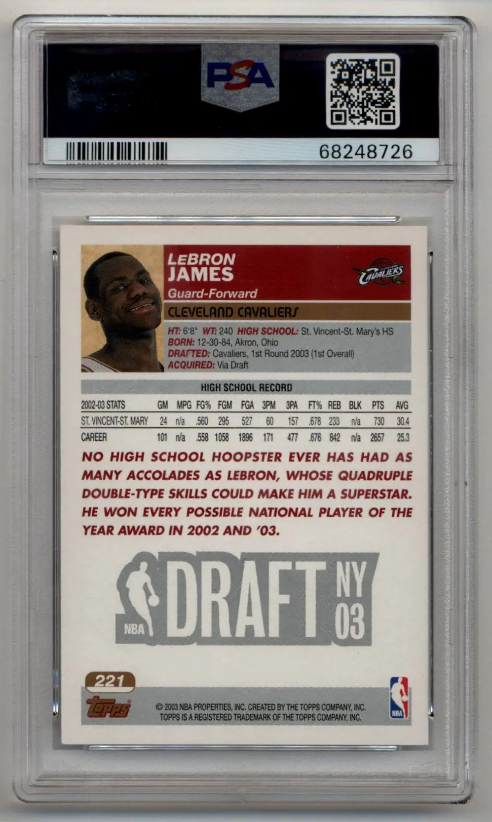 Back side of LeBron James 2003-04 Topps #221 Rookie PSA 9 Mint trading card with stats
