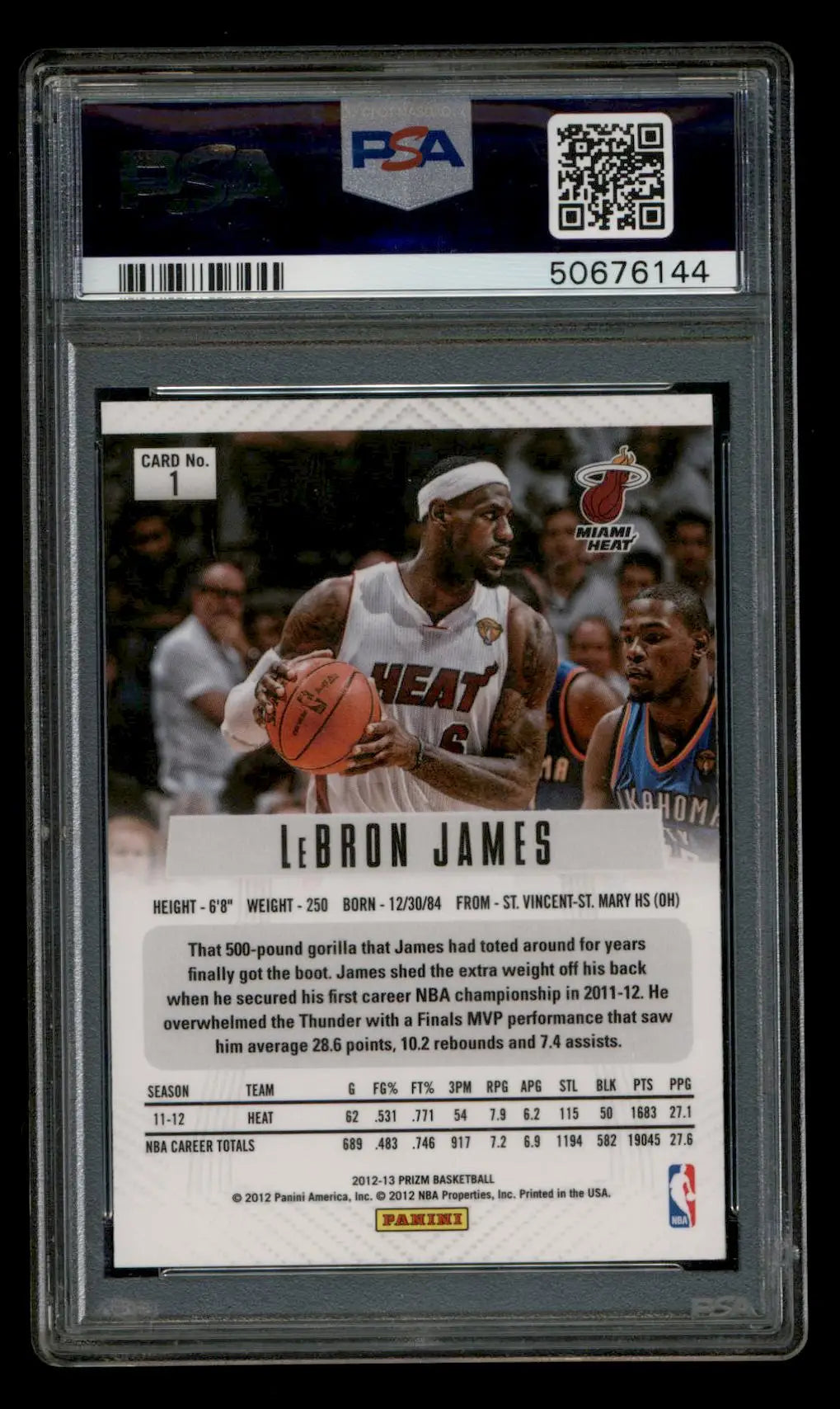 PSA 10 Gem Mint LeBron James trading card in Miami Heat uniform holding basketball