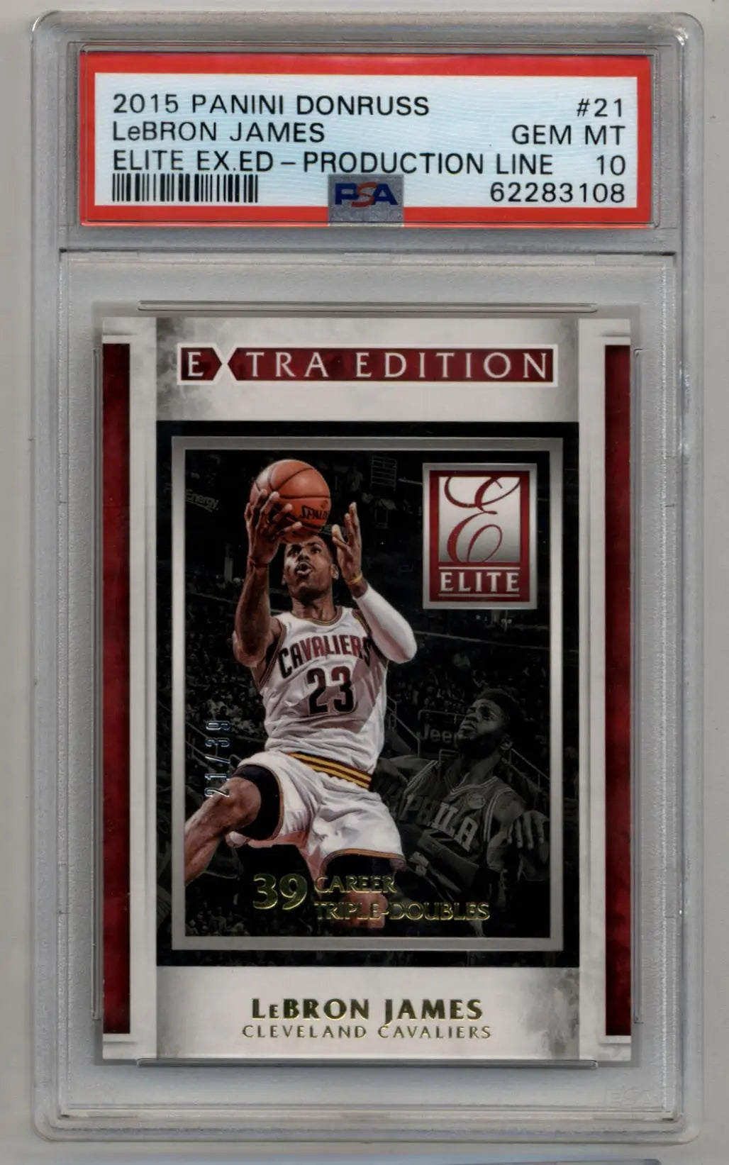 PSA-graded LeBron James Donruss Elite Extra Edition Production Line card in case