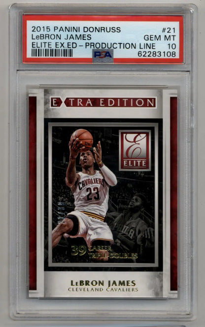 PSA-graded LeBron James Donruss Elite Extra Edition Production Line card in case