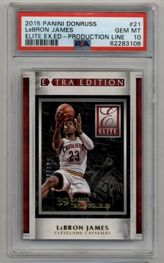 PSA-graded LeBron James Donruss Elite Extra Edition Production Line card in case