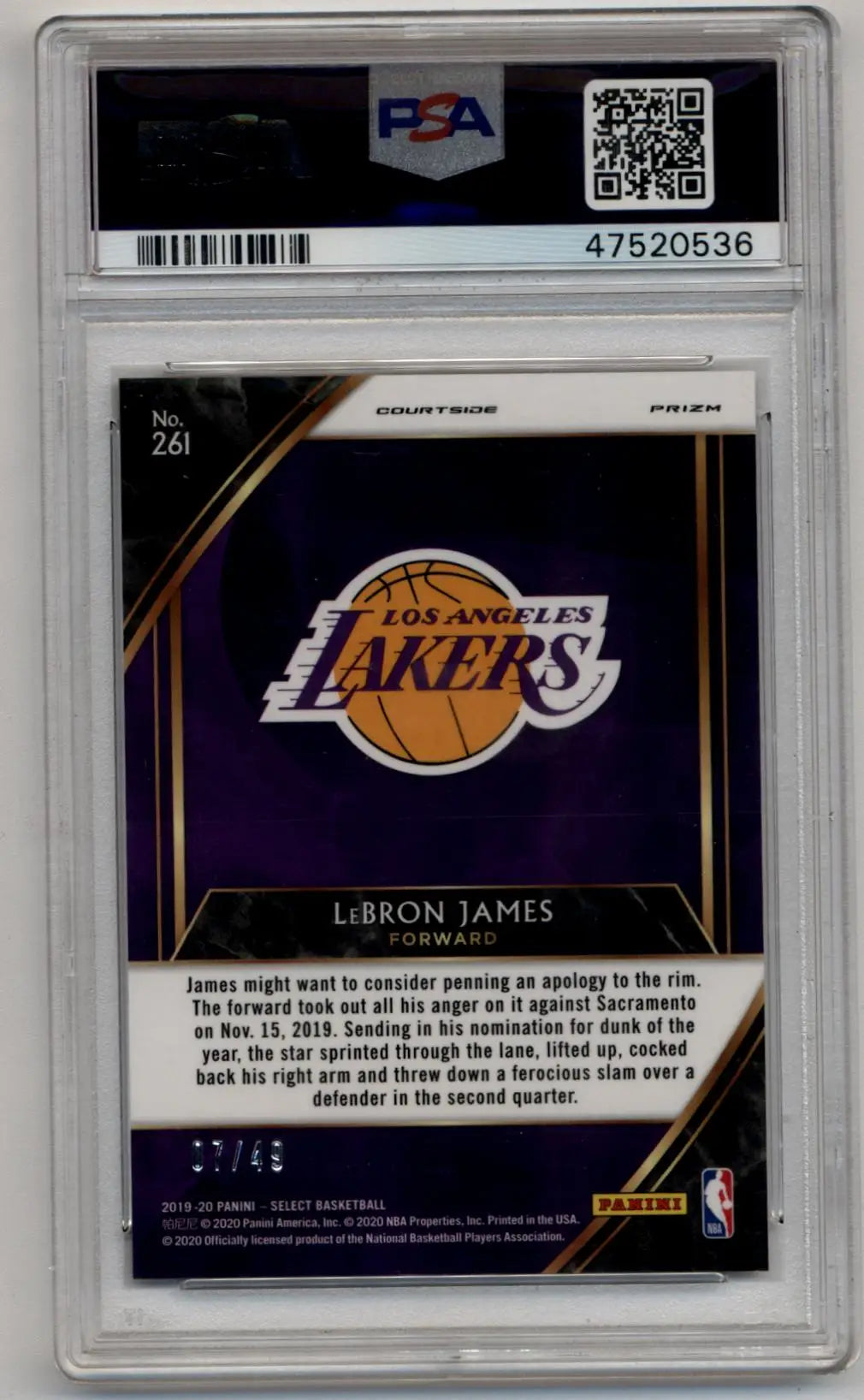 PSA-graded LeBron James 2019-20 Select Red Disco Prizm card with Lakers logo
