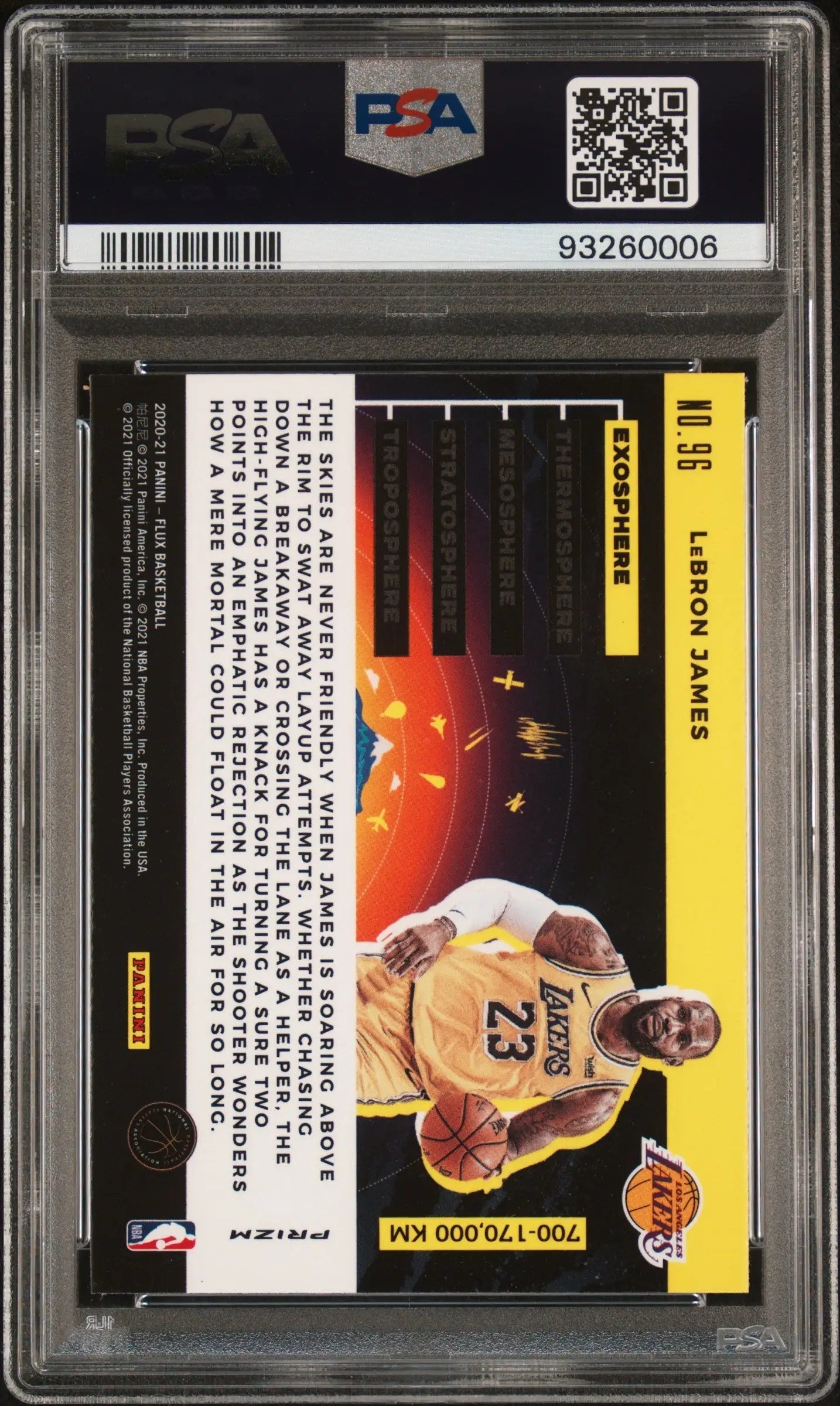 PSA-graded Lebron James Panini Flux Exosphere card in Lakers yellow jersey, number 23
