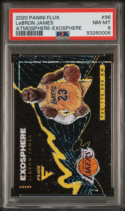PSA-graded LeBron James 2020 Panini Flux Exosphere basketball card in yellow jersey