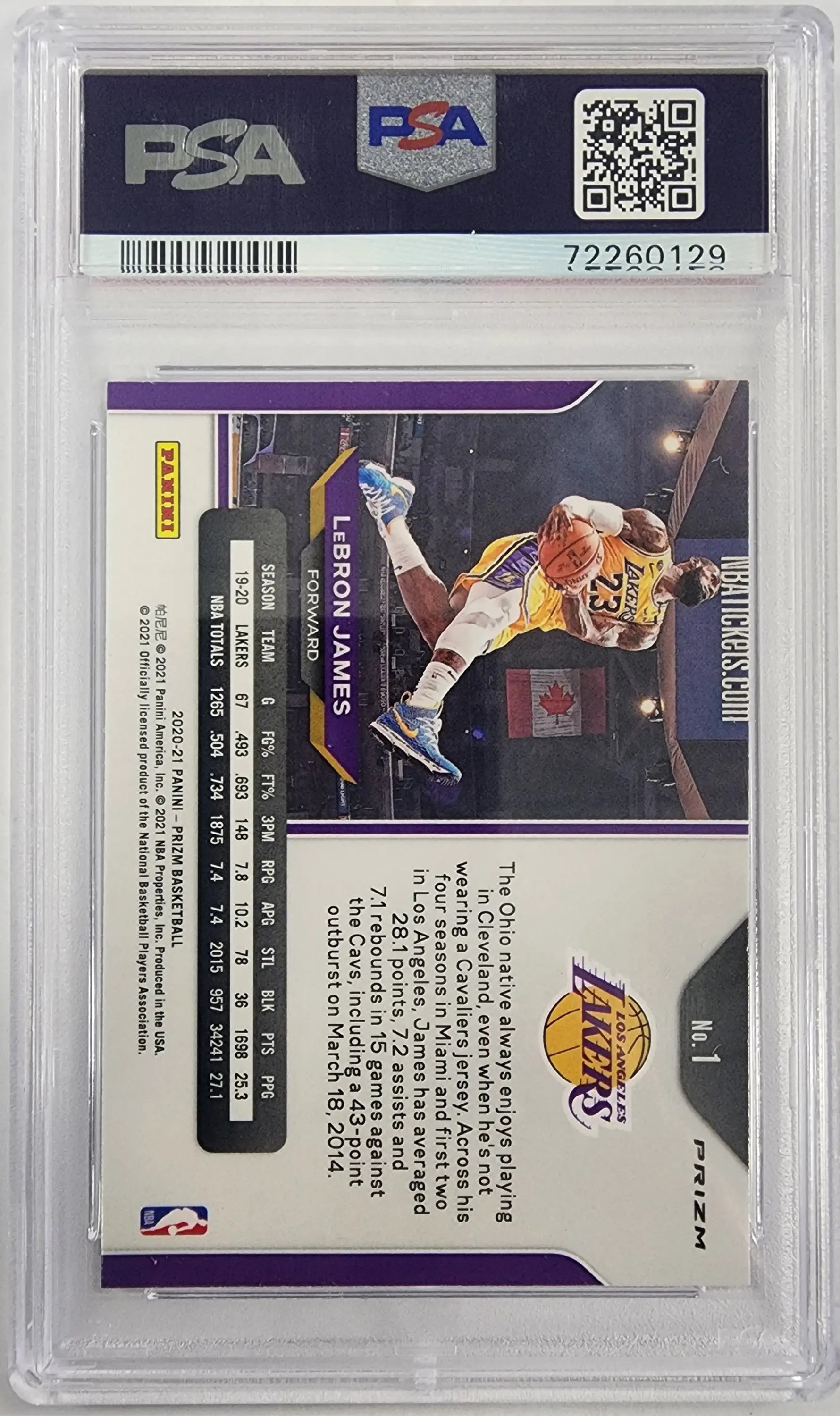 PSA-graded Lebron James 2020 Panini Prizm Silver #1 basketball card in action
