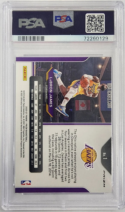 PSA-graded Lebron James 2020 Panini Prizm Silver #1 basketball card in action
