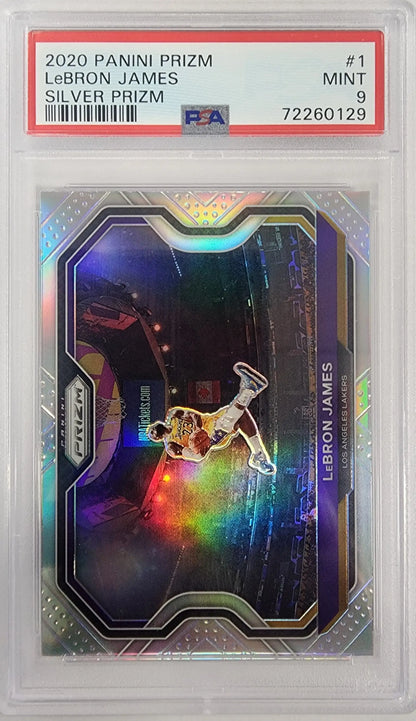 PSA-graded LeBron James 2020 Panini Prizm Silver card with dynamic play on holographic background