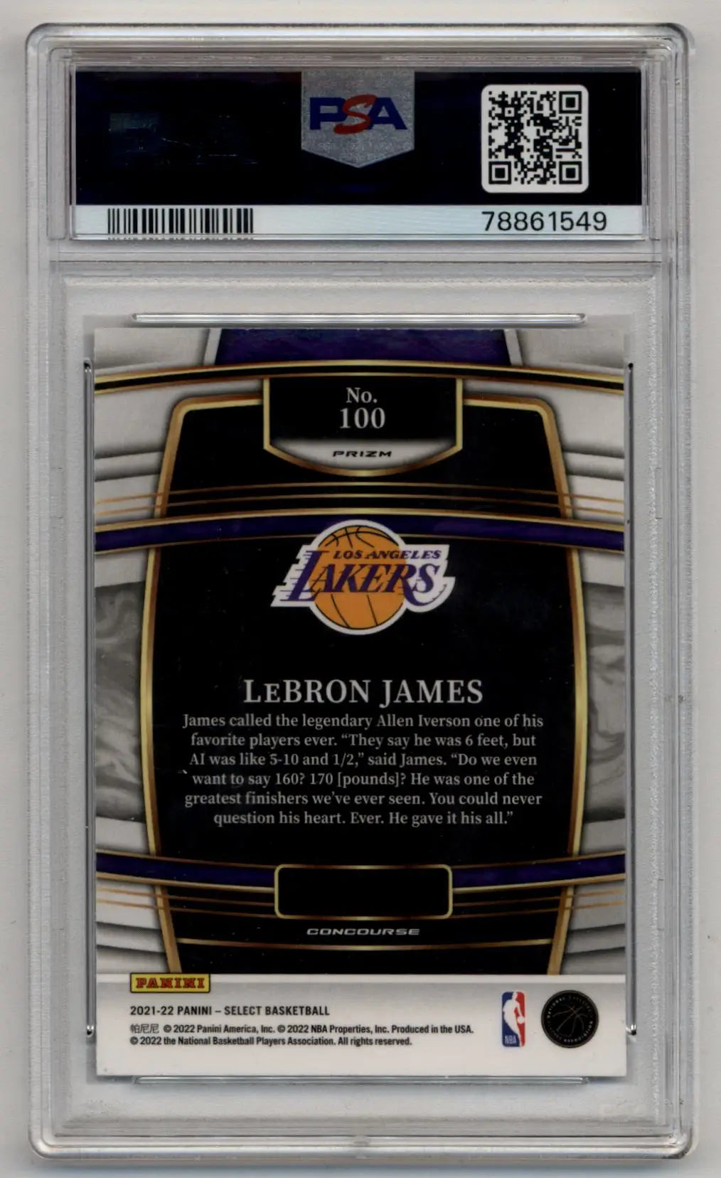 PSA-graded LeBron James 2021-22 Select Elephant Prizm basketball card with Lakers logo