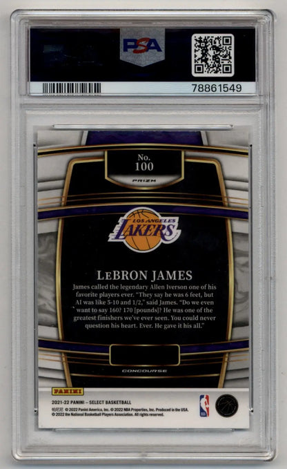 PSA-graded LeBron James 2021-22 Select Elephant Prizm basketball card with Lakers logo