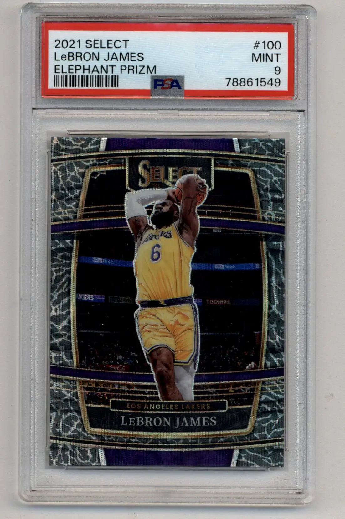 PSA-graded LeBron James 2021-22 Select Elephant Prizm #100 jump shot card