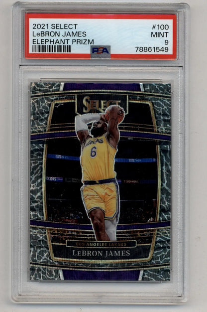 PSA-graded LeBron James 2021-22 Select Elephant Prizm #100 jump shot card