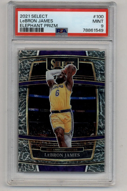 PSA-graded LeBron James 2021-22 Select Elephant Prizm #100 jump shot card