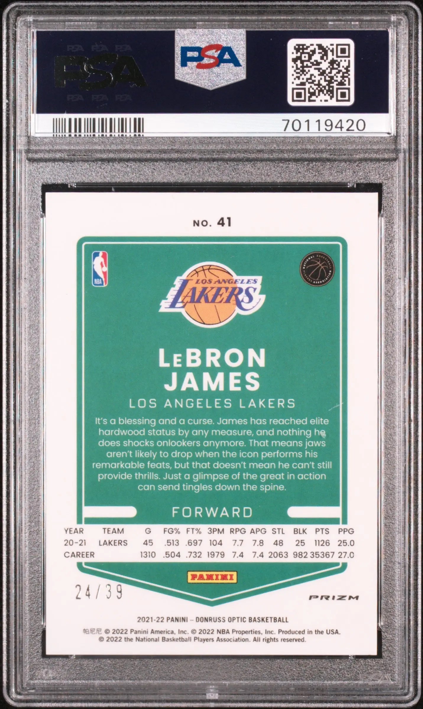 PSA-graded LeBron James Donruss Optic Black Velocity card with Lakers logo in green