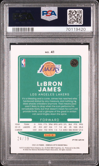 PSA-graded LeBron James Donruss Optic Black Velocity card with Lakers logo in green