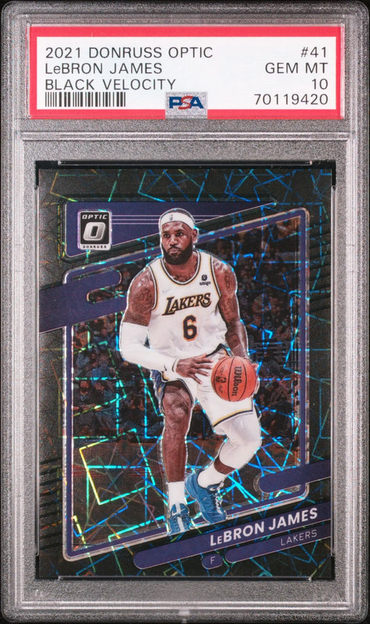 LeBron James 2021 Donruss Optic Black Velocity card on dark geometric background