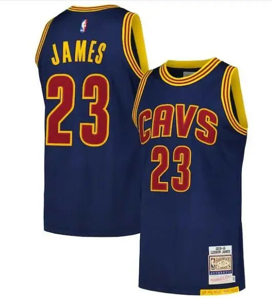 Dark blue Cleveland Cavaliers LeBron James 2015/16 Hardwood Classics jersey with red and gold trim