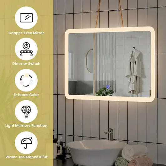 LED Wall-mounted Bathroom Rounded Arc Corner Mirror with Touch - Color:White - Wall Mirrors