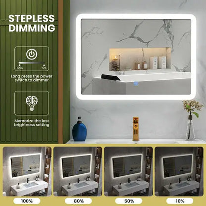 LED Wall-mounted Bathroom Rounded Arc Corner Mirror with Touch - Color:White - Wall Mirrors