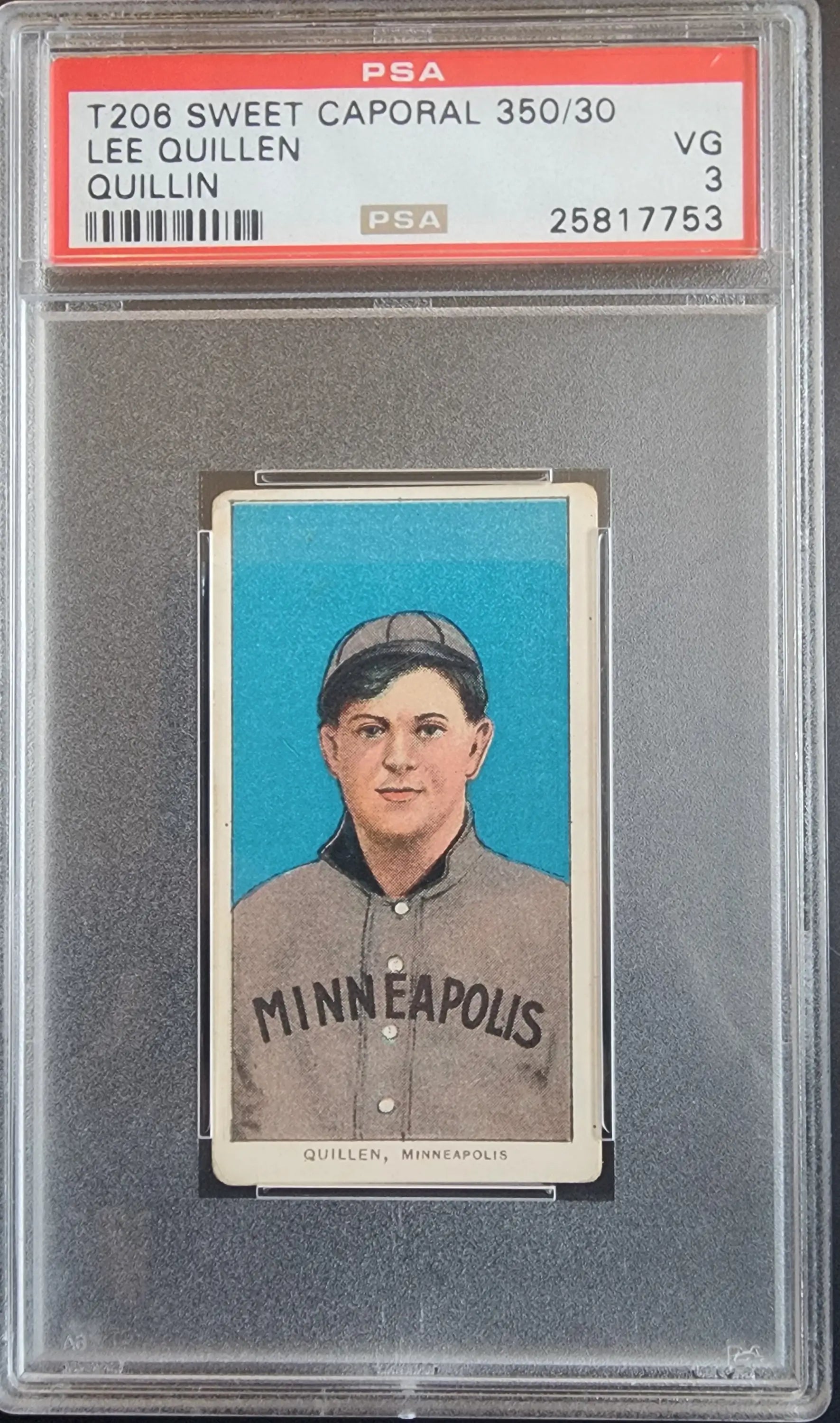 PSA-graded T206 Sweet Caporal card of Lee Quillen Quillin in gray uniform on blue background