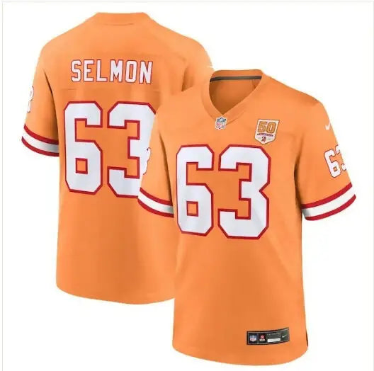 Orange Tampa Bay Buccaneers football jersey with number 63 and SELMON on back