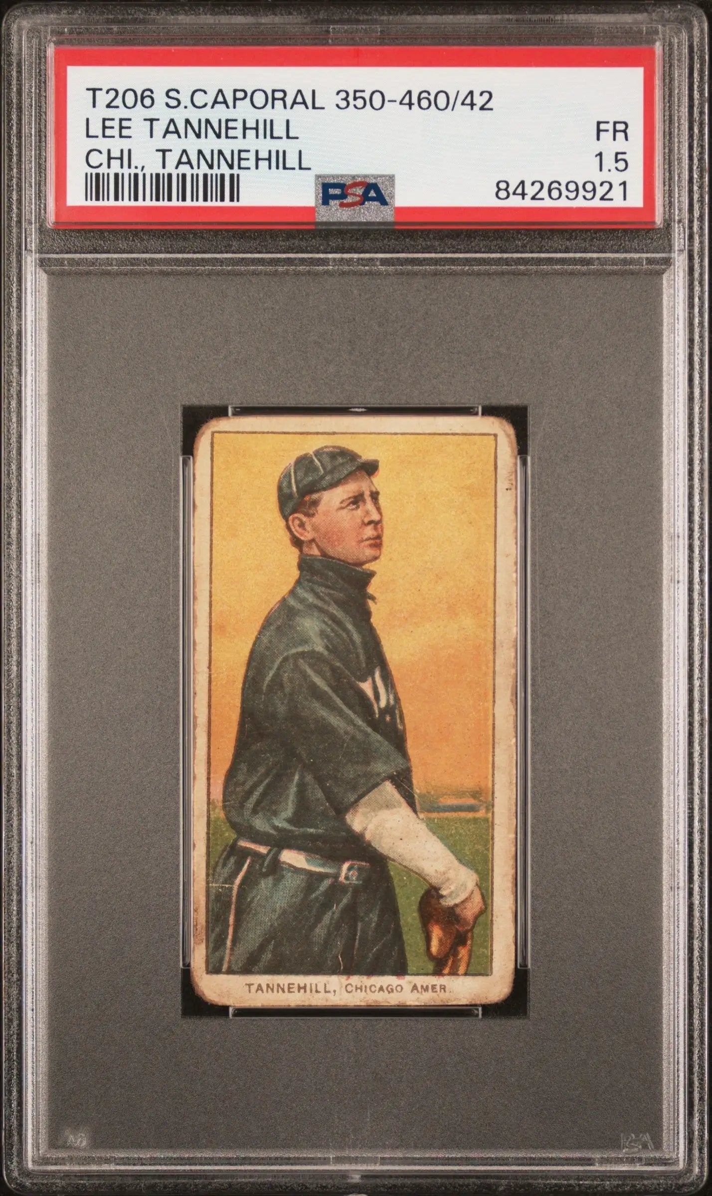 PSA-graded Lee Tannehill Tannehill T206 Sweet Caporal baseball card on vibrant background